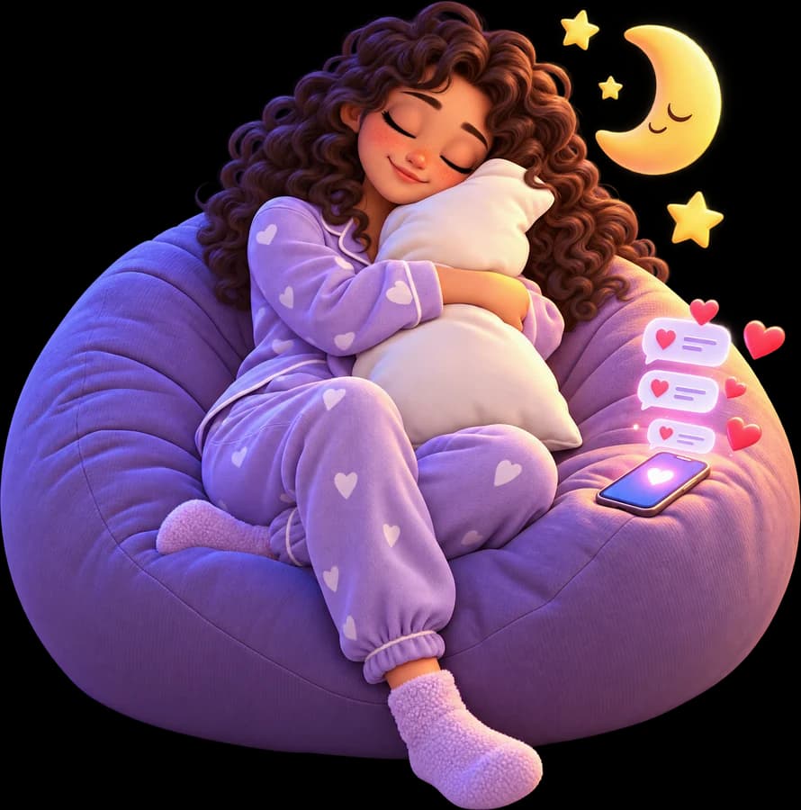Illustration of someone asleep in a beanbag while their phone keeps receiving and answering messages